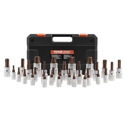 VEVOR Torx Bit Socket Set, 34-Piece Solid Star and Tamper Proof T6-T70, S2 Alloy Steel and Cr-V Steel, 1/4 in, 3/8 in, and 1/2 in Drives, with Enhanced Storage Case, Torx Sockets for Hand Use - size: 33 PCS