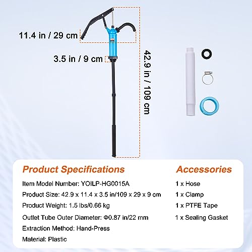 VEVOR Drum Pump, 9.5 oz. Per Stroke, Lever-Action Barrel Pump, Fits 5-55 Gallon Drums with 3-Section Suction Tube Assembly & Hose, Hand Operated, Designed to Transfer Water, Alcohol, Corrosive Liquids