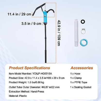VEVOR Drum Pump, 9.5 oz. Per Stroke, Lever-Action Barrel Pump, Fits 5-55 Gallon Drums with 3-Section Suction Tube Assembly & Hose, Hand Operated, Designed to Transfer Water, Alcohol, Corrosive Liquids