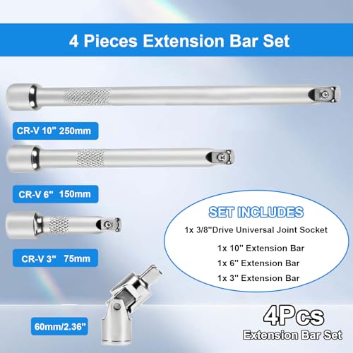 3/8 Inch Drive Socket Extension Bar Set, 4 Piece wrench extender - size: 3/8