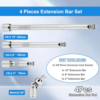 3/8 Inch Drive Socket Extension Bar Set, 4 Piece wrench extender - size: 3/8