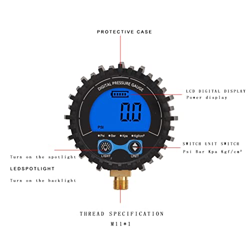 LCD Display Digital Tire Pressure Gauge, Four Unit 3?200PSI Wheel Tyre Air Inflator Monitoring Tester M11x1 Thread Blue Backlight Inflator Tool