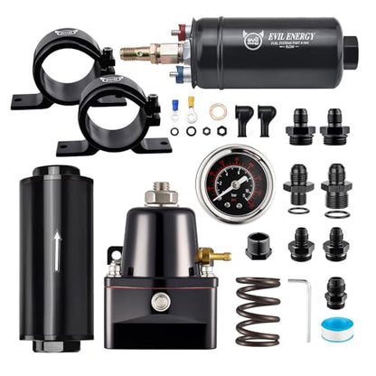 EVIL ENERGY Fuel Filter 10 Micron Inline 300LPH Fuel Pump and Adjustable Fuel Pressure Regulator (20-120PSI) Kit, EFI Fuel System Kit with 6AN 10AN ORB Fitting, Universal