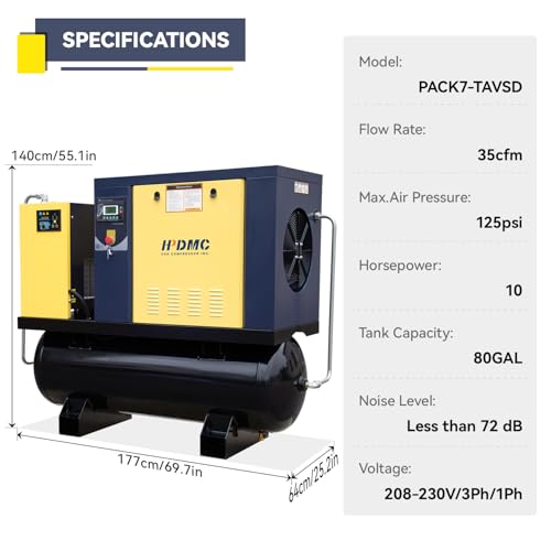7.5KW 10HP Variable Speed Rotary Screw Air Compressor 230V 1 or 3Ph - style: PACK7-TAV/230V