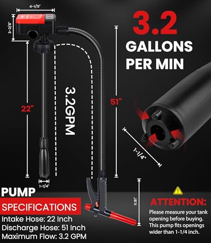 3.2GPM Battery Powered USB Charging Fuel Transfer Pump with Hand Shut Off Nozzle, 51" Long Hose, 4 Adapters, Portable Gas Pump Ideal For Gasoline, Diesel, Kerosene Transfer - color: Black Red
