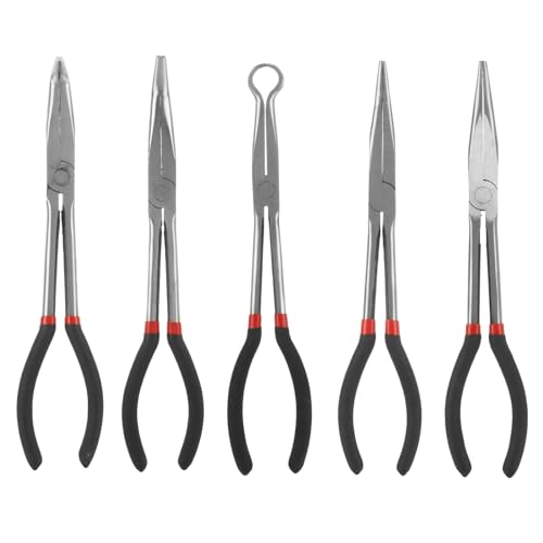 Long Needle Nose Pliers Set, 5 in 1 11 inch Spark Plug Wire Removal Tool - Bent Needle Nose Pliers 90 45 25 Degree - Pointy Nose Pliers - Pinch Nose Pliers for Narrow Spaces and Limited Areas