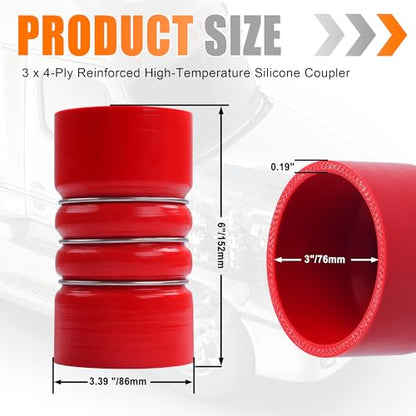 3" X 6" Silicone Charge Air Cooler Hump Hose with Clamps,4PCS Red - color: Red, size: 3" x 6"