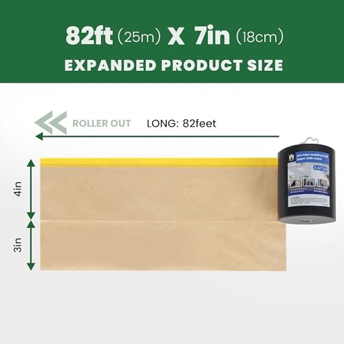 Voomey Pre-Taped Masking Paper for Painting with Dispenser - 7 inch x 82 feet Tape and Drape Painters Paper for Covering Skirting, Frames, Cars and DIY Projects - size: 180mm*25m, style: Dispenser System