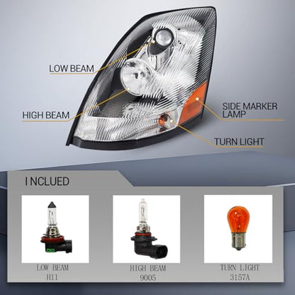 Headlight Assembly, for 2004-2017 Volvo VNL (includes all bulbs), containing driver's side left headlight assembly and passenger's side right headlight assembly
