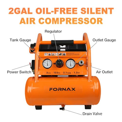 FORNAX Air Compressor Portable 2 Gallon, 1.2 HP 2.1 SCFM@ 90 PSI Oil Free, Max Pressure 135 PSI, 65 dB Silent Air Compressor for Auto Repair, Tire Inflation, Airbrushing, Nailing