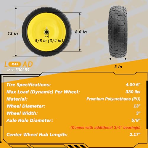 13 Inch 4.00-6 Flat Free Tire and Wheel Replacement for Gorilla Cart with 5/8" & Extra 3/4" Bearings, 4.00-6 Wheelbarrow Tire, 13" Garden Cart Wheels, Trailer Turf Tire, 4 Pack - color: 4 PACK, size: 13"-4.00-6"