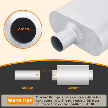 A-KARCK Universal Exhaust Muffler 2" Center Inlet 2" Center Outlet, 13" Overall Length Aluminized Steel Aggressive Sound Race Muffler for Cars, Trucks - color: Silver, size: 2 Inch