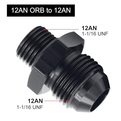 12AN Male Flare to AN12 ORB O-Ring Straight Boss Fuel Pump Rail Fitting Adapter Aluminum Black 2PCS - size: 12AN ORB to 12AN