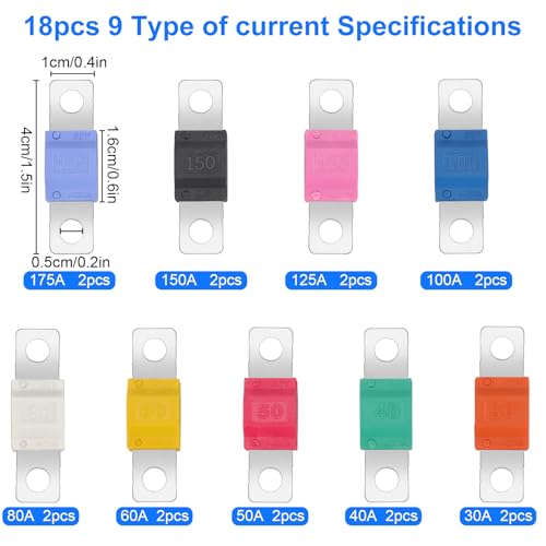 Linkstyle AMI MIDI Fuse Kit 18PCS, High Current Bolt-On Mini Fuses 30A 40A 50A 60A 80A 100A 125A 150A 175A, 12V–32V Copper Plated Automotive Fuses, for Car Truck RV Marine Boat Solar System