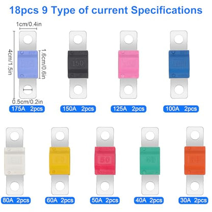 Linkstyle AMI MIDI Fuse Kit 18PCS, High Current Bolt-On Mini Fuses 30A 40A 50A 60A 80A 100A 125A 150A 175A, 12V–32V Copper Plated Automotive Fuses, for Car Truck RV Marine Boat Solar System