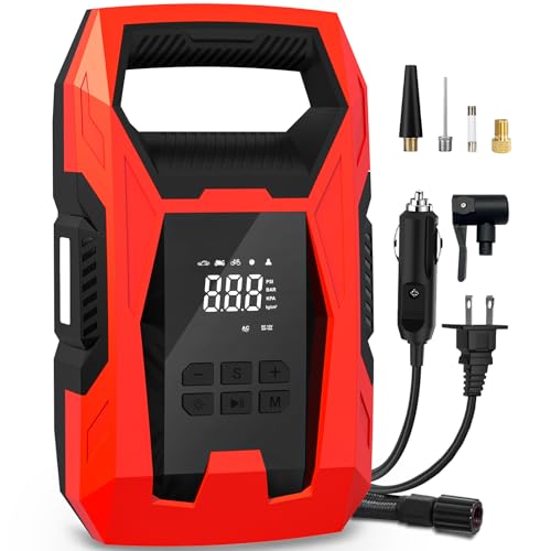 CARSUN AC/DC Tire Inflator Portable Air Compressor, Dual Power for Home 110V AC and Car 12V DC Air Pump with Pressure Gauge, Auto Shutoff, Tire Pump for Car Motorcycle Bike and Other Inflatables, Red - color: Red