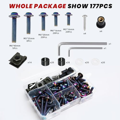 M5 M6 Stainless Steel Motorcycle Fairing Bolts, 177Pcs - color: Colorful