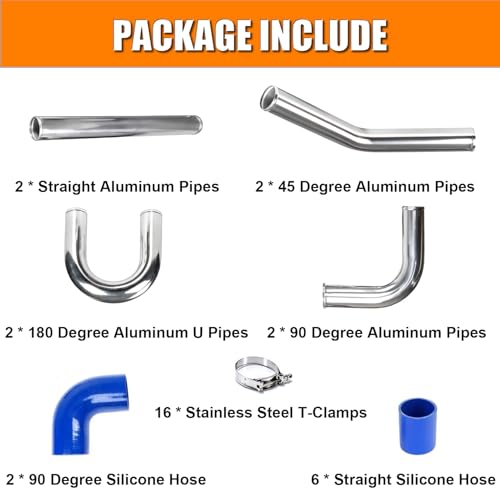 2.5" Intercooler Kit Universal Aluminum Turbo, 23.6" DIY Custom Pipe, 8 Pcs - color: Blue, size: 2.5 Inch