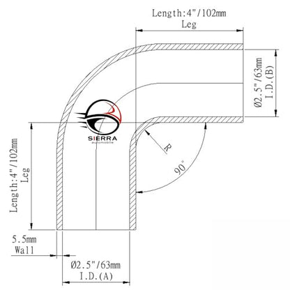 2.5 Inch / 63mm 90 Degree Silicone Elbow Hose – Extended Leg Design, True 102mm Length, 5.5mm Thickness – High Temp 4-Ply Black Coupler for Turbo, Intake, Radiator Pipe - size: 2.5 Inch / 63mm