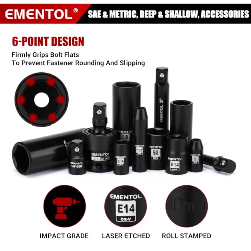 EMENTOL 189-Piece Impact Socket Set, 1/4" & 3/8" Drive Metric and SAE Sizes, CR-V Steel, Includes Deep & Shallow Sockets, Ratchets, Bits, Extensions, Spark Plug Socket & More, with Plastic Tool Case - size: 1/4" & 3/8" 189pcs