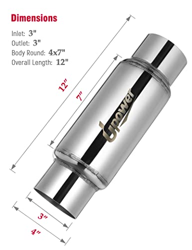 UPOWER 3" Inlet&Outlet Exhaust Resonator,12" Overall Length Center Straight Through Stainless Steel Muffler,Polished - size: 3" Inlet 12" Overall Length