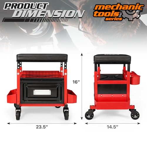 M-AUTO Mechanic Stool Garage Rolling Tool Chest Seat w/Drawer & Tray, 350LBS Capacity Multi-Function Adjustable Height Mechanic Creeper Seat for Projects Inside The Garage and Workshop, Red - size: 16"