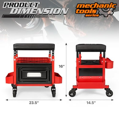 M-AUTO Mechanic Stool Garage Rolling Tool Chest Seat w/Drawer & Tray, 350LBS Capacity Multi-Function Adjustable Height Mechanic Creeper Seat for Projects Inside The Garage and Workshop, Red - size: 16"
