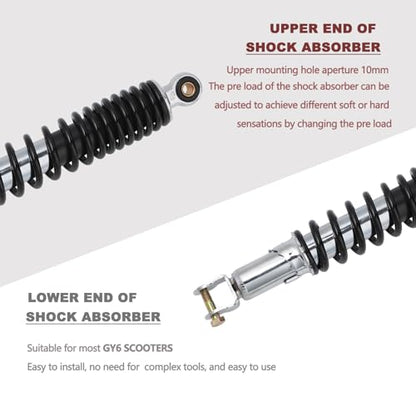 Minho Motorcycle Dual Rear Shock Absorbers with Adjustable Spring Preload in Heavy Iron Material Compatible with Chinese GY6 Scooter Mopeds Taotao Tank Jonway Roketa,335MM Length,10MM Mounting Hole - size: 335mm