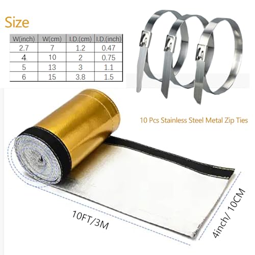 Heat Shroud Sleeving Exhaust Heat Shield Fuel line Wire Heat Sleeve Golden Hose Heat wrap for Ultimate Hi-Temp Protection with 10PCS Metal Zip Ties (3/4''I.D. x 10FT) - color: gold, size: 3/4''I.D.