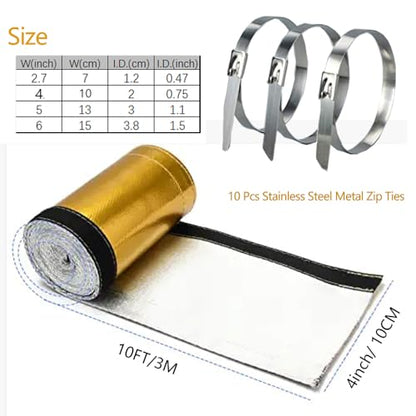 Heat Shroud Sleeving Exhaust Heat Shield Fuel line Wire Heat Sleeve Golden Hose Heat wrap for Ultimate Hi-Temp Protection with 10PCS Metal Zip Ties (3/4''I.D. x 10FT) - color: gold, size: 3/4''I.D.