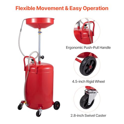 VEVOR 20-Gallon Waste Oil Drain Tank, Air Operated Portable Oil Drainer with Adjustable Funnel Height, Fluid Fuel Transfer Drainage with Wheels, Oil Change Container for Auto Repair Shops, Garages - size: 15.7 x 15.2x 65 in