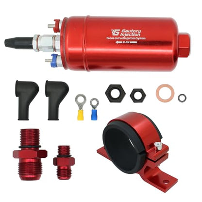 044 External Inline Fuel Pump 300LPH High Flow Universal with Bracket Red - color: Red with Bracket