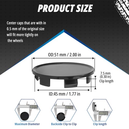 4 Pack Wheel Center Caps Kit for MiTo, OD 51 mm / 2 inch ID 45 mm / 1.77 inch Hub Caps, Snap-in Black ABS-Plastic Rim Covers - color: black