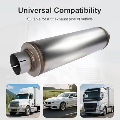 Exhaust Muffler Universal Stainless Steel Muffler Tip Straight-Through Performance for Cars Trucks, 5" Inlet/Outlet, Overall Length 30", 7" Body Diameter - size: 5" Inlet/Outlet - 7" Body Diameter