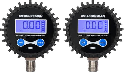 MEASUREMAN 2-1/2" Dial Size Digital Air Pressure Gauge with 1/4'' NPT Bottom Connector and Protective Boot, 0-15psi, Accuracy 1%, Battery Powered (Pack of 2) - size: Long thread (Pack of 2), style: 0-15psi