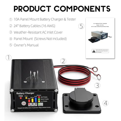 10 AMP 12 Volt Battery Charger & Tester for Dump Trailers, Cars (Automotive), RVs, Marine (Boats), Panel Mount On Board Trickle Charger Maintainer, LED Battery & Alternator Status, Trailer Accessories