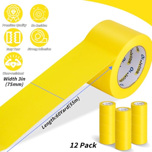Oleitodh 12 Rolls Yellow Painters Tape Bulk 3 inch x 60 Yards, Painters Masking Tape No Residue Wall Painting Tape Artist Tape Trim Edge Finishing Tape for Wall Painting Decoration DIY Supplies - color: Yellow-12P, size: 3" x60 Yards