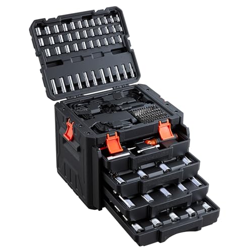 VEVOR Mechanics Tool Set, 256-Piece Mechanic Tool Kit, 1/4 in, 3/8 in, and 1/2 in Drive, SAE and Metric Socket Set, Wrenches, Screwdriver Bits, Accessories, and Storage Case, for Automotive Repair - size: 256-PCS