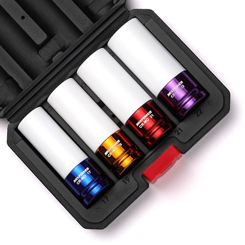 MIXPOWER 1/2" Drive Wheel Protector Impact Socket, 4 pcs Thin Wall Deep Impact Socket Set, Durable Plastic Sleeve Lug Nut Socket, 6 Point, Metric, 17mm,19mm,21mm,22mm - size: 17 mm, 19 mm, 21 mm, 22 mm