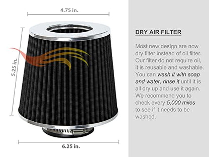 Rtunes Racing 3.25-Inch 83mm Washable Dry Clamp-On Cone Air Filter, Black - size: Universal 3.25"