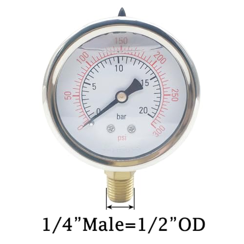 Joywayus Pressure Gauge 0-300 PSI Brass 1/4" NPT Male Thread Lower Mount, Glycerin Filled, Stainless Steel Case, Multiple Function - size: 0-300PSI--1/4", style: Glycerin Filled