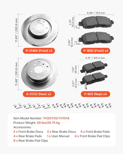 VEVOR Front and Rear Brake Kit Compatible with 2013 Nissan Altima (Base, SL, SV & S Sedan), 2014-2018 Nissan Altima, 2019-2023 Nissan Altima (with Manual Parking Brake), Hollow Structure Front Rotors - size: S-31464 + S-31312