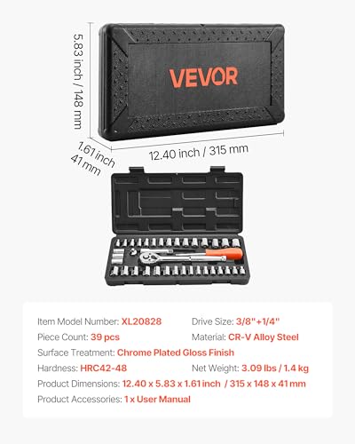 VEVOR Socket Set, 39 Pieces, 3/8 & 1/4 inch Drive Socket and Ratchet Set, SAE and Metric Size, Mechanic Tool Kit with Ratchet Wrench, Accessories, Storage Case, CR-V Alloy Steel, for Automotive Repair - size: 39-PCS