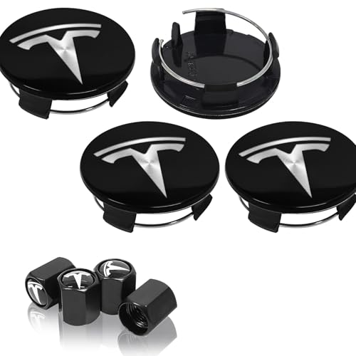 4 Pack Wheel Center Cover for Tesla Model 3 & Model Y,56mm Hubcaps Wheel Rim Cover Tesla Center Caps Hubcaps+4 Car Valve Stem Caps (Glossy Black+Silver Emblem) - color: Glossy Black+Silver Emblem