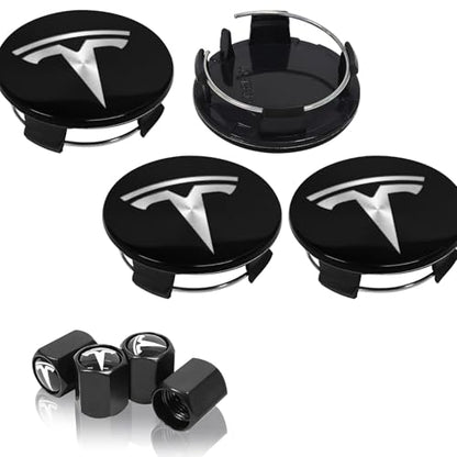 4 Pack Wheel Center Cover for Tesla Model 3 & Model Y,56mm Hubcaps Wheel Rim Cover Tesla Center Caps Hubcaps+4 Car Valve Stem Caps (Glossy Black+Silver Emblem) - color: Glossy Black+Silver Emblem