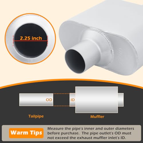 A-KARCK Single Chamber Muffler 2.25" Center Inlet 2.25" Center Outlet, 13" Overall Length Aluminized Steel Aggressive Sound Race Muffler (2 Pcs) - color: Silver, size: 2.25 Inch-2