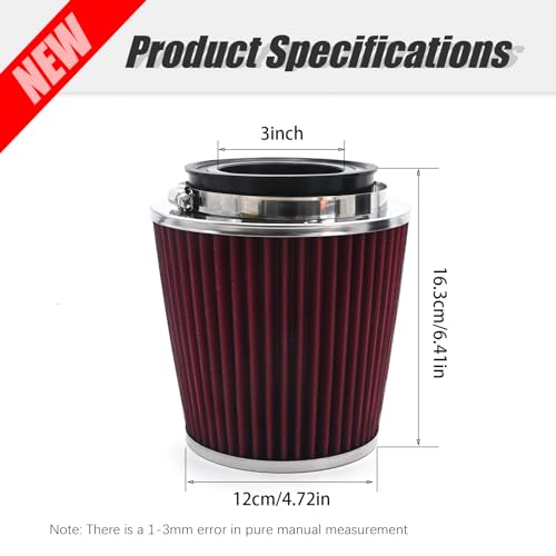 Anxingo Universal Clamp-On Air Filter for 3/3.5/4 inch High Performance Replacement Air Filter, Washable and Reusable Cone Cold Air Intake,Clamp-On Car High Flow Dry Air Kit (Red)