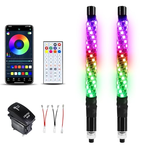 2 Pack 1FT Whip Lights with Spring Base, LED Whip Light with App & Remote Control, Spiral RGB Chasing Lighted Whips with Rocker Switch, Music Whip Light for UTV ATV - size: 1FT