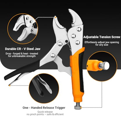 DEKOPRO 5-Piece Locking Pliers Set,Vice Grips Pliers Set with Cr-V,5"/7"/10" Curved Jaw Plier, 6.5"/9.5" Long Nose Plier