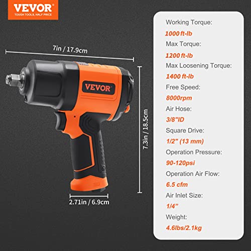 VEVOR 1/2-Inch Air Impact Wrench - High Torque 1400 ft-lbs - Lightweight 4.6 lb - Includes 11-Piece CR-V Steel Impact Socket Set & Carrying Case - size: 7*7.3inches